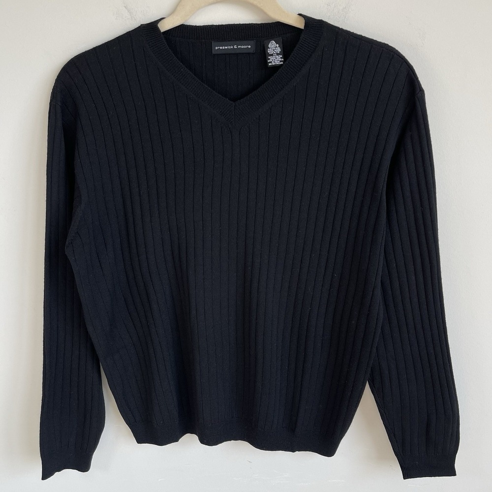 Preswick & Moore Men's 100% Merino Wool V-neck Sweater Black M Preppy Office